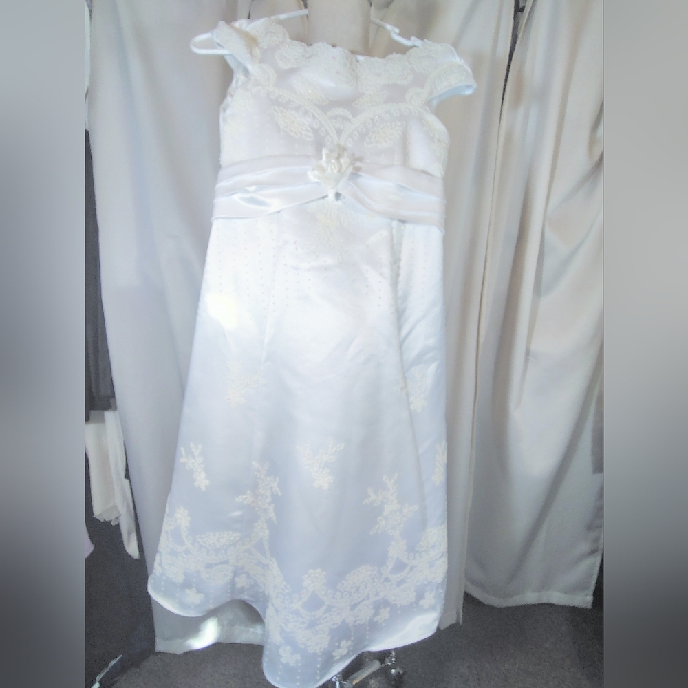 Kids Love Bridal Dress,Vintage,A-Line Sleeveless White Satin Tie,Embellished,6-8